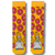 Yellow crew socks featuring a donut-loving cartoon character surrounded by pink frosted donuts.