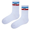 White crew socks with blue and red stripes and 'Let's Fly Up' text