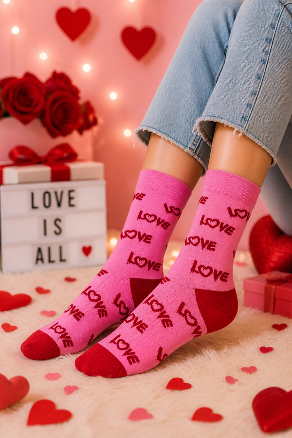Pink crew socks with LOVE text pattern and red toe and heel, unisex cotton socks