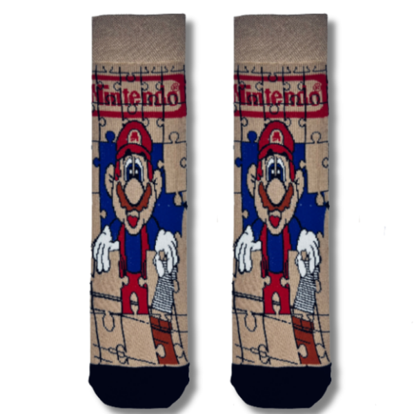 Nintendo Mario Crew Socks featuring Mario on a puzzle-themed background