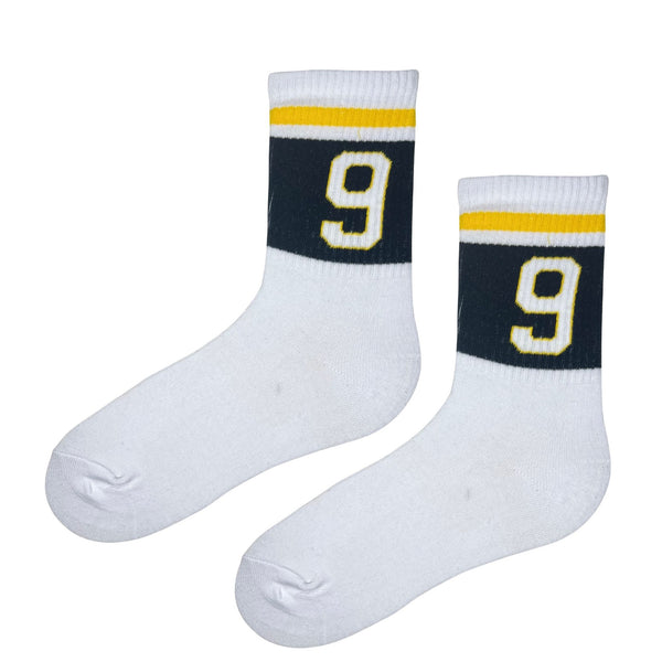 White athletic socks with green and yellow stripes featuring number 9 design