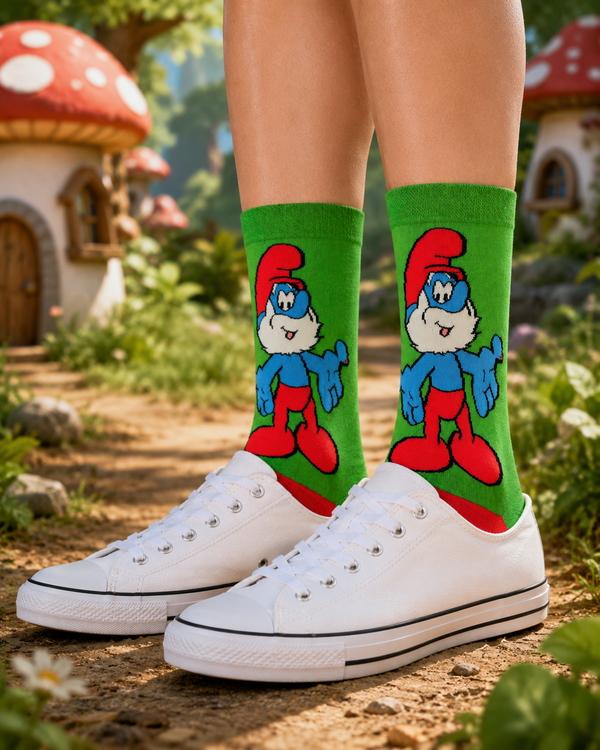 Front view of Papa Smurf inspired crew socks with colorful cartoon character design on a green background.