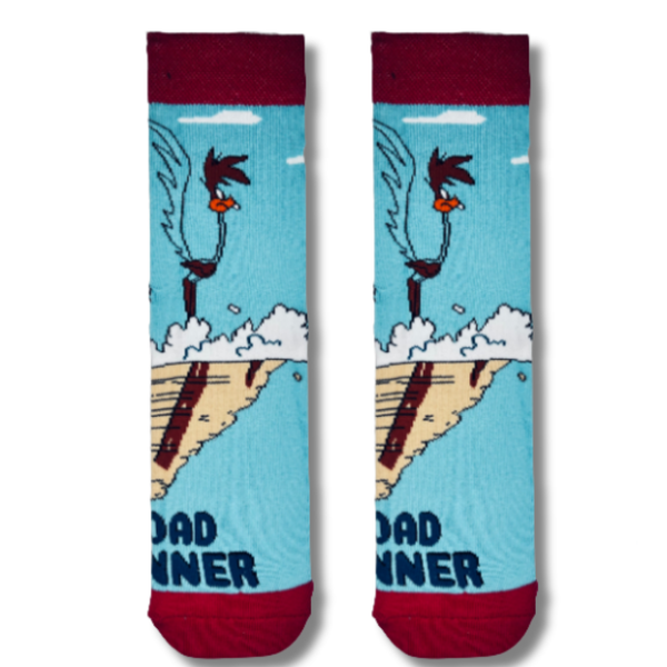 Road Runner cartoon crew socks featuring a colorful desert racing scene
