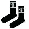 Shut Up Socks – Black Edition. These eye-catching crew-length socks feature a daring design with the words “SHUT UP” boldly stitched on both sides, perfect for those with a cheeky sense of humor.