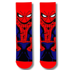 Front view of red superhero inspired crew socks with cartoon comic style character design on a clean background.