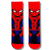 Front view of red superhero inspired crew socks with cartoon comic style character design on a clean background.