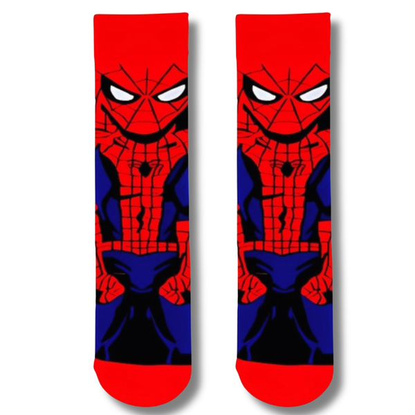 Front view of red superhero inspired crew socks with cartoon comic style character design on a clean background.