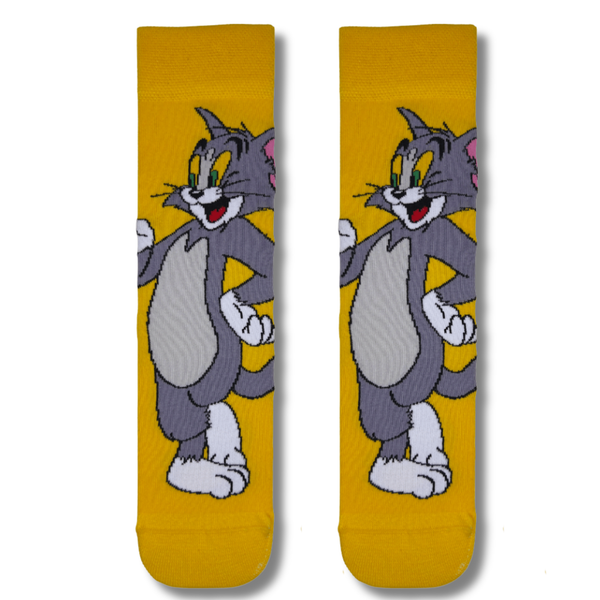 Yellow crew socks with playful grey cartoon cat character design