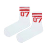 07 Varsity Crew Socks. With bold red stripes and a sporty number design, these socks deliver vintage athletic energy and all-day comfort.
