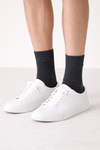 Pair of gray and dark charcoal plain crew socks on a white background, unisex breathable socks fits sizes 35 to 45