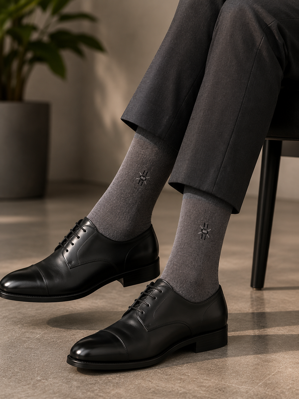 Heather gray crew socks featuring a subtle embroidered AKYUT Minimal Logo with a seamless toe design.