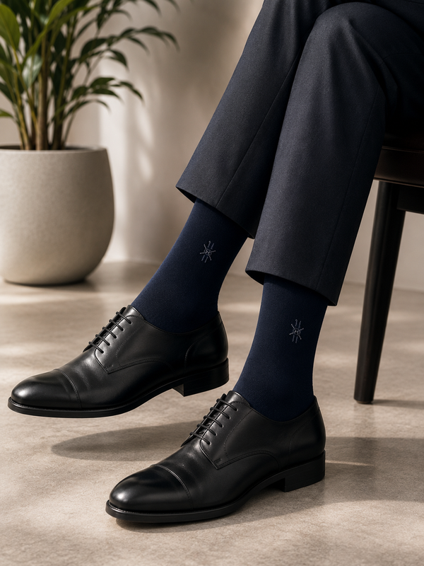 Navy blue crew socks featuring a subtle embroidered AKYUT Minimal Logo with a seamless toe design.
