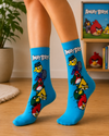 Bright blue crew socks featuring multiple Angry Birds characters and Angry Birds logo