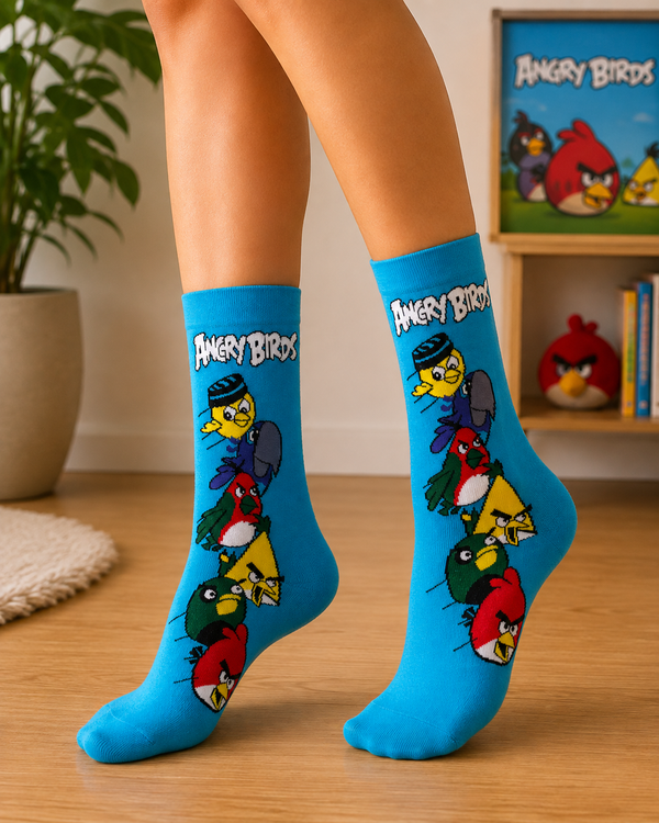 Bright blue crew socks featuring multiple Angry Birds characters and Angry Birds logo