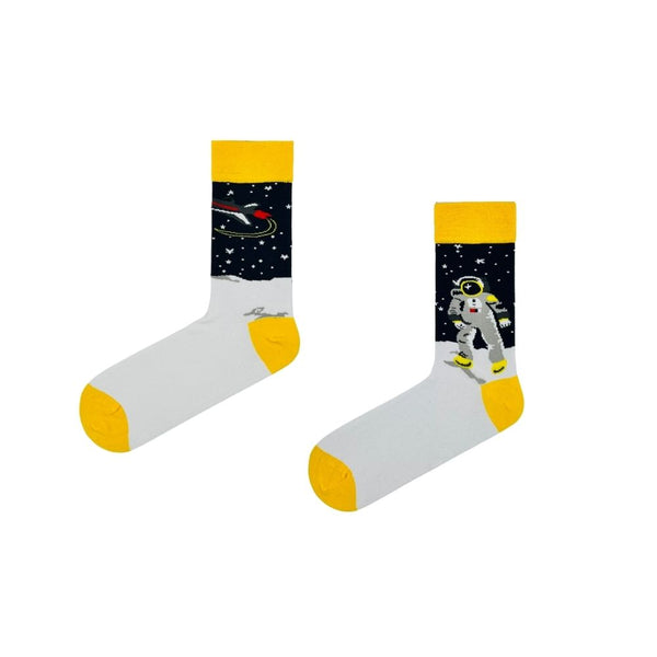  Astronaut Walk Socks! Featuring a bold design of an astronaut on the moon and a spacecraft soaring in space, 