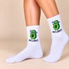 White crew socks with running avocado character and Avo-Cardio slogan
