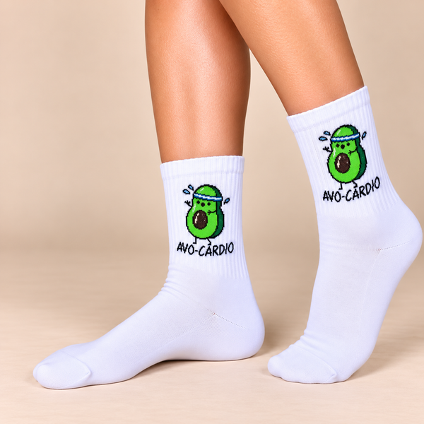 White crew socks with running avocado character and Avo-Cardio slogan