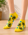 Avocado Yellow Ankle Socks with colorful avocado pattern on bright yellow fabric