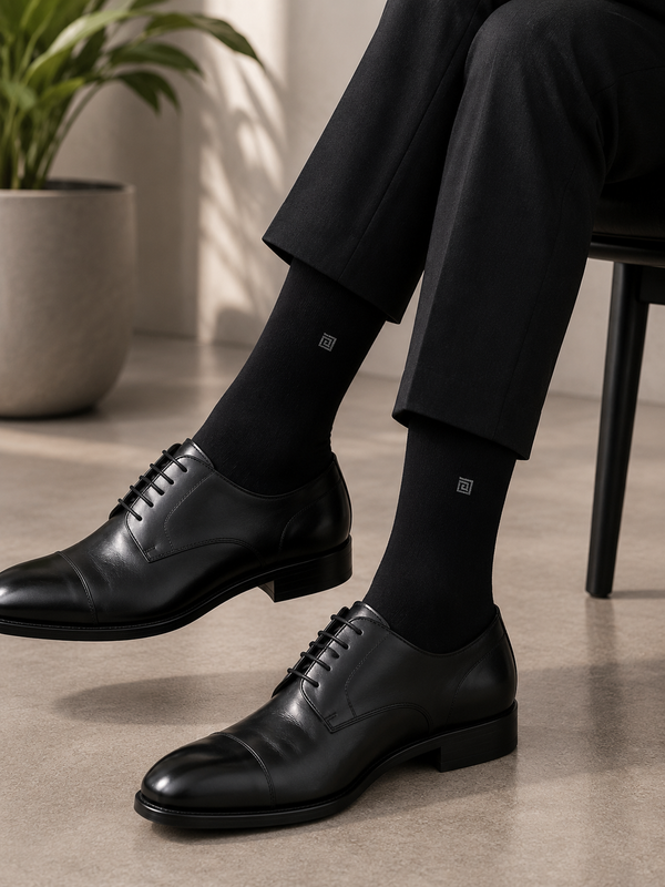 Bambu Mirox Spiral Logo black bamboo dress socks with minimalist embroidered spiral logo and seamless crew design.
