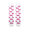 Barbie Logo White Crew Socks. Featuring a bold allover pink Barbie logo print on a clean white base