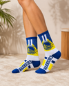 Blue, yellow, and white basketball-themed crew socks featuring a Golden State Warriors-inspired design.