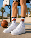 White basketball crew socks with orange basketball hoop and net design