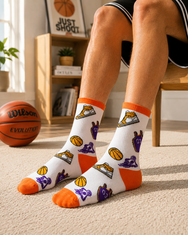 White basketball streetwear crew socks with sneaker and basketball pattern design