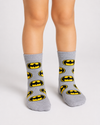 Grey Batman kids crew socks for children aged 3–4 years featuring an all-over Batman logo pattern.