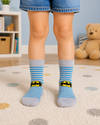 Grey and blue striped Batman kids crew socks for children aged 3–4 years featuring the iconic Batman logo.