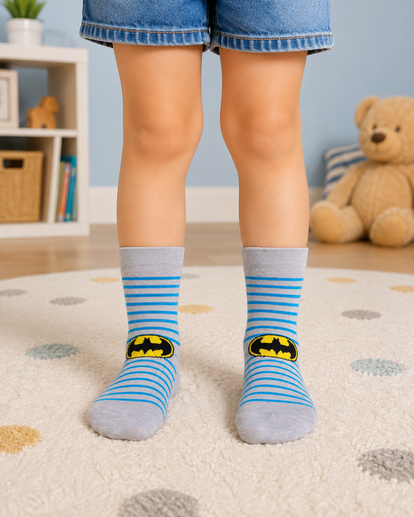 Grey and blue striped Batman kids crew socks for children aged 3–4 years featuring the iconic Batman logo.