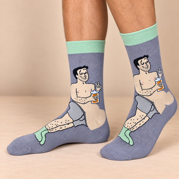 Grey Beer Belly crew socks with funny lounging man holding a beer