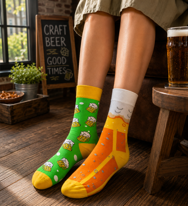 Funny mismatched beer socks with beer mug and beer glass patterns in green yellow and orange colors
