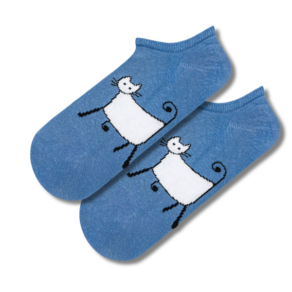 Blue Cat Walk Ankle Socks. Featuring a charming white cartoon-style cat on a soft denim blue background