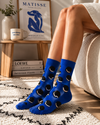 Blue crew socks with black and white cookie pattern design