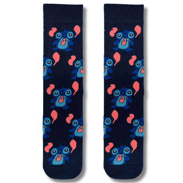 Blue Stitch cartoon pattern crew socks with navy background and cute blue character print