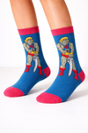 Retro warrior graphic socks in blue with pink cuff and toe accents