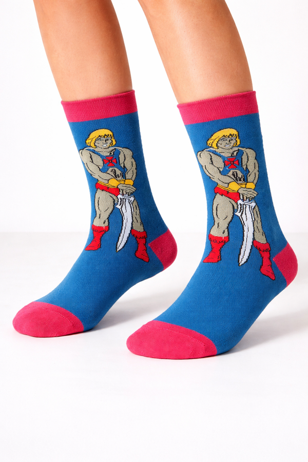 Retro warrior graphic socks in blue with pink cuff and toe accents