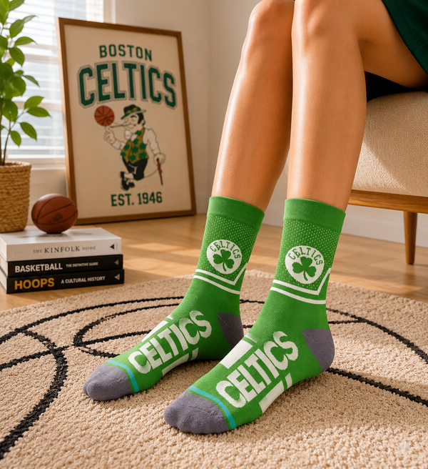 Green basketball-inspired crew socks with Celtics-style graphic design.