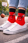 Red socks with black upper panel and large bull face graphic