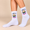 White crew socks with Cake It Easy cupcake character wearing sunglasses