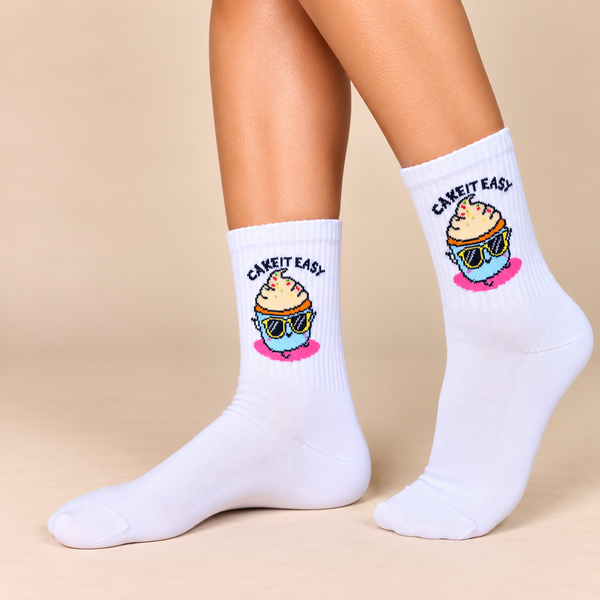 White crew socks with Cake It Easy cupcake character wearing sunglasses