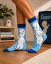 Blue Casper ghost cartoon crew socks with cute white ghost character design