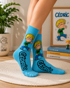 Blue Cedric cartoon crew socks with retro animated character design