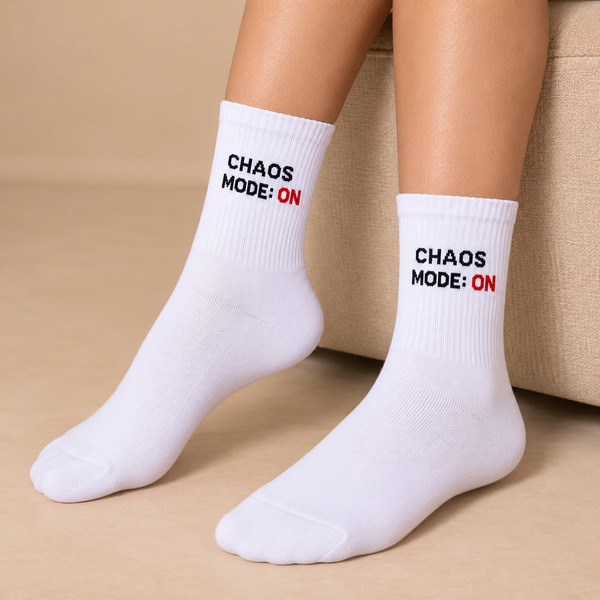 White crew socks with Chaos Mode On text in black and red