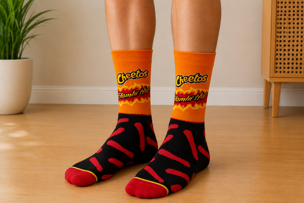 Orange and black Cheetos Flamin’ Hot crew socks with spicy snack pattern design
