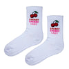 Cherry Cherry Lady Socks. These white crew socks feature a playful red cherry graphic and bold text that adds a splash of sweetness to any outfit.