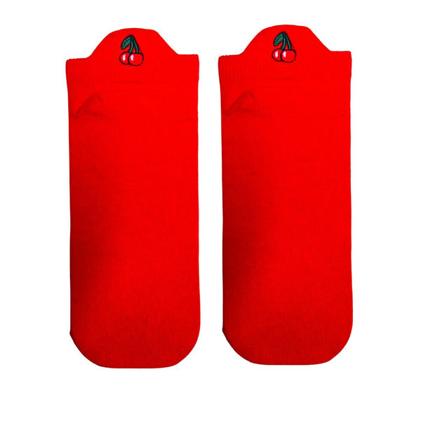  Cherry Embroidered Ankle Socks featuring an adorable cherry design on the heel. 