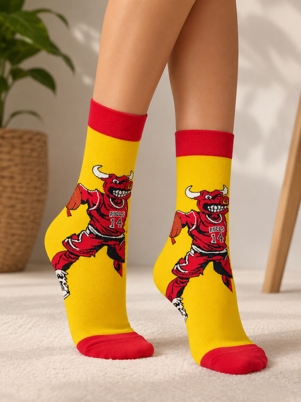 Yellow crew socks featuring Benny the Bull, the Chicago Bulls mascot, wearing a red basketball uniform.