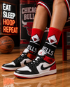 Red black and white Chicago Bulls inspired basketball crew socks