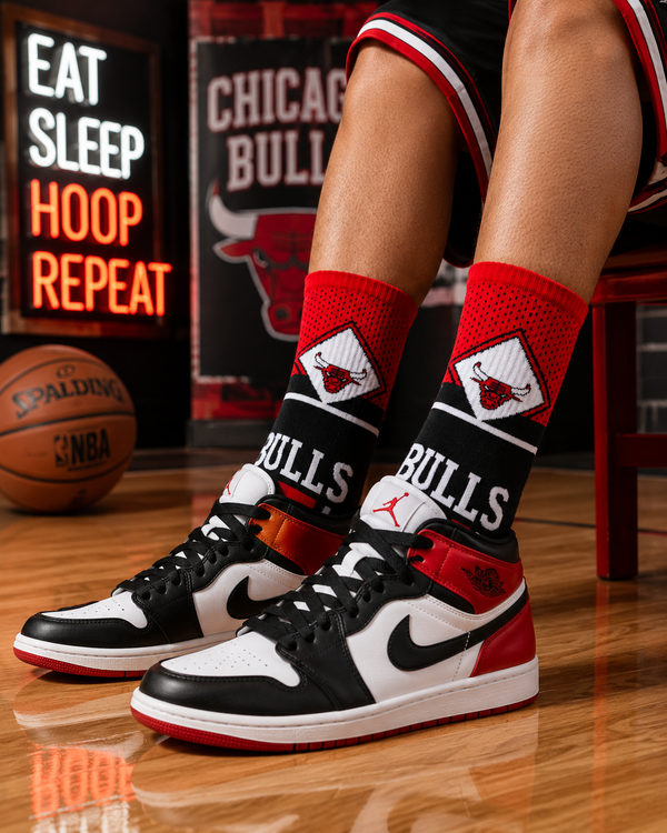 Red black and white Chicago Bulls inspired basketball crew socks